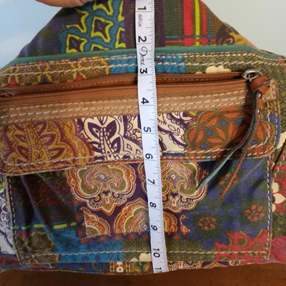 Fossil Multicolor Patchwork Canvas Shoulder Bag with Tan Leather Trim - Picture 11 of 16